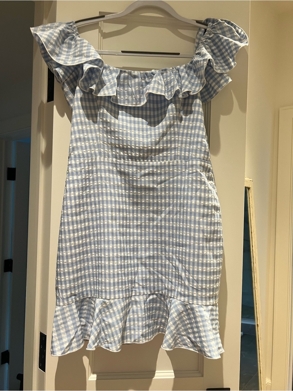 MAJORELLE Light Blue and White Gingham Ruffle Off-Shoulder Dress